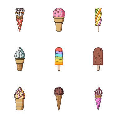 Yaz tatlılar dondurma. Buz, meyve, süt. Buz creamicon karikatür tarzı vektör simge stok çizim üzerinde set koleksiyonu.