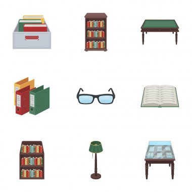 Kitaplarla simgeler kümesi. Kütüphane, okuma, kitapçı Seth. Karikatür tarzı vektör simge stok çizim üzerinde küme koleksiyon kitaplık ve kitabevi simgesini.