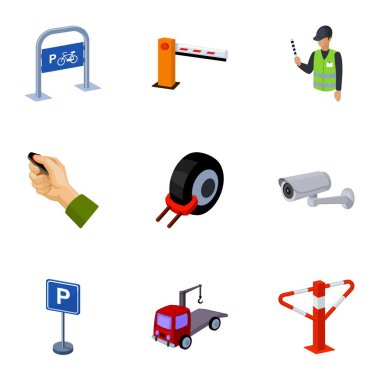 Park araba ve bisiklet için simgeler kümesi. Para cezaları ve park unsurları. Karikatür tarzı vektör simge stok çizim üzerinde set koleksiyonundaki bölge simgesi otopark.