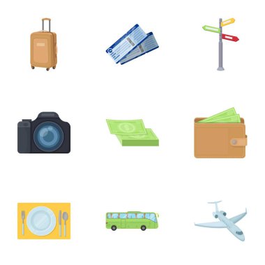 Geri kalan konulu simgeler kümesi. Yurtdışında seyahat. Geri kalan ang seyahat simgesinde karikatür tarzı vektör simge stok çizim üzerinde küme koleksiyon.