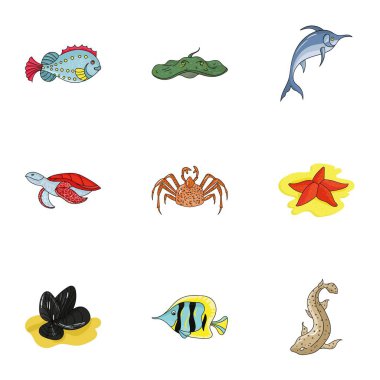 Deniz ve nehir sakinleri. Balık, balinalar, ahtapot. Deniz hayvanları kutsal kişilerin resmi içinde karikatür tarzı vektör simge stok çizim üzerinde küme koleksiyon.