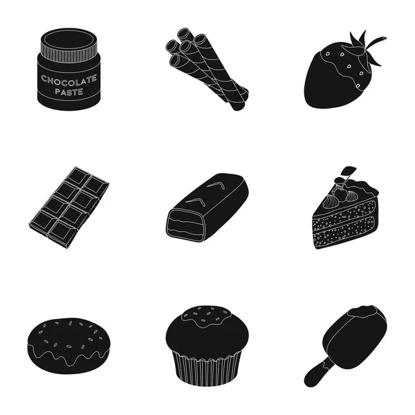 Un juego de dulces de chocolate. Productos de chocolate para la gente. Icono de postres de chocolate en colección de conjuntos en negro estilo vector símbolo stock ilustración . — Archivo Imágenes Vectoriales