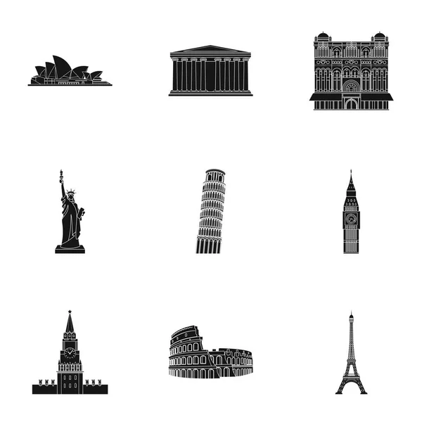 世界各国的目光。著名的建筑物和纪念碑的不同国家和城市。国家图标在集合上的黑色风格矢量符号股票图. — 图库矢量图片