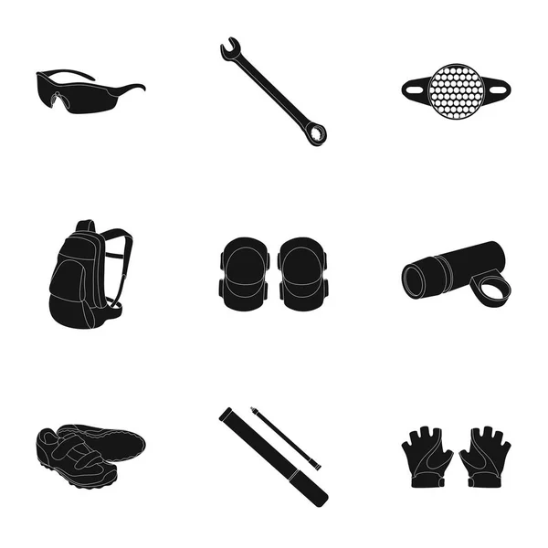 Ikonen des Radfahrens, des Fahrrads. Set für Fahrrad, Rucksackschutz, Reparatur, Form. Radfahrer-Outfit-Ikone in Set-Kollektion auf schwarzem Vektor-Symbol. — Stockvektor