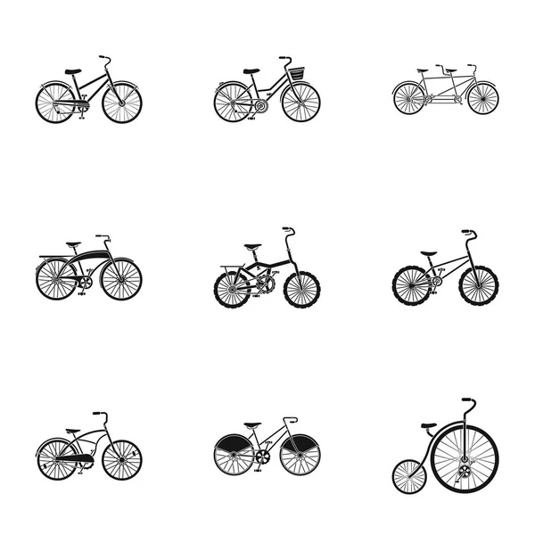 विभिन्न पहियों और फ्रेम के साथ बाइक का संग्रह। खेल और चलने के लिए विभिन्न बाइक. ब्लैक स्टाइल वेक्टर प्रतीक स्टॉक इलस्ट्रेशन पर सेट संग्रह में अलग साइकिल प्रतीक . — स्टॉक वेक्टर
