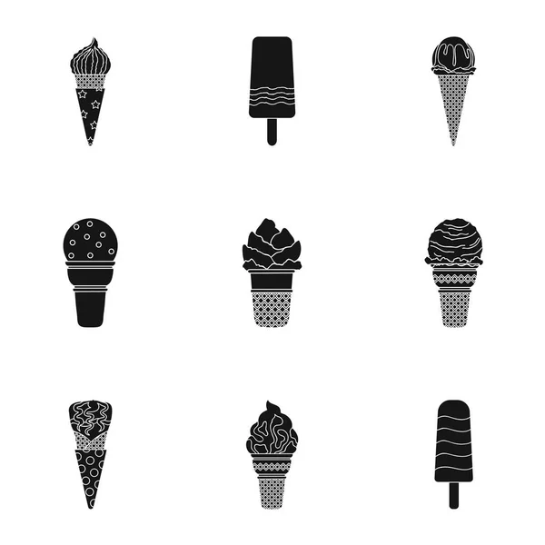 Lato lody słodycze. Lody, owoce, mleko. Creamicon lodu w zestaw kolekcji na czarny styl wektor symbol ilustracji. — Wektor stockowy