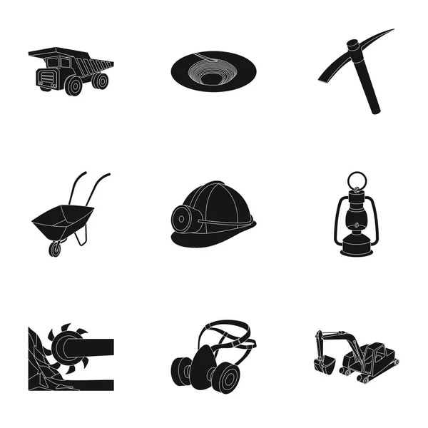 Set van iconen over de mijn. De winning van steenkool, mineralen, bescherming van de mijnwerkers. Verwerking van kolen. Mijn industral pictogram in set collectie op zwarte stijl vector symbool stock illustratie. — Stockvector