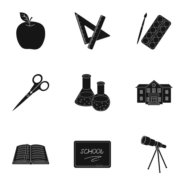 Conjunto de fotos sobre la escuela. Entrenamiento de estudio. Suministros para la escuela.Traje del estudiante. Icono de la escuela y la eduacación en la colección conjunto en el estilo negro vector símbolo stock ilustración . — Vector de stock