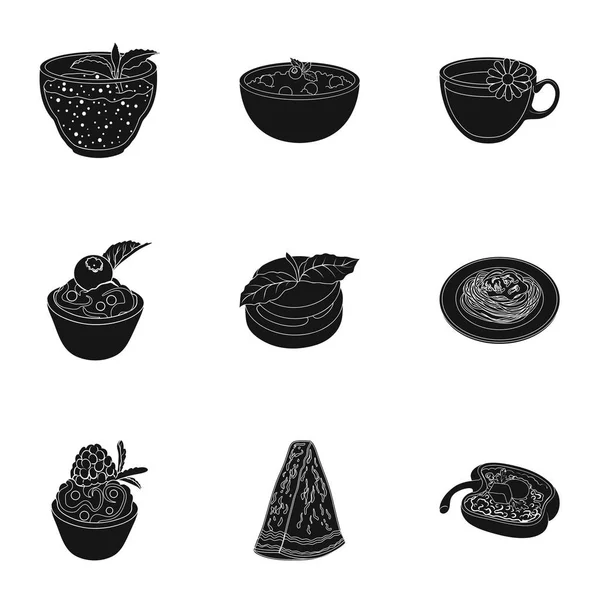 Imágenes sobre el vegetarianismo. Platos vegetarianos, comida vegetariana. Verduras, frutas, hierbas, setas. Vegetarianos platos icono en colección conjunto en el estilo negro vector símbolo stock ilustración . — Archivo Imágenes Vectoriales