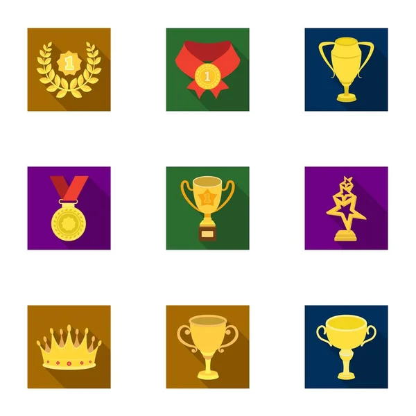 Premios, medallas de oro y copas como premios en concursos y competiciones. Premios y trofeos icono en colección conjunto en el estilo plano vector símbolo stock ilustración . — Vector de stock