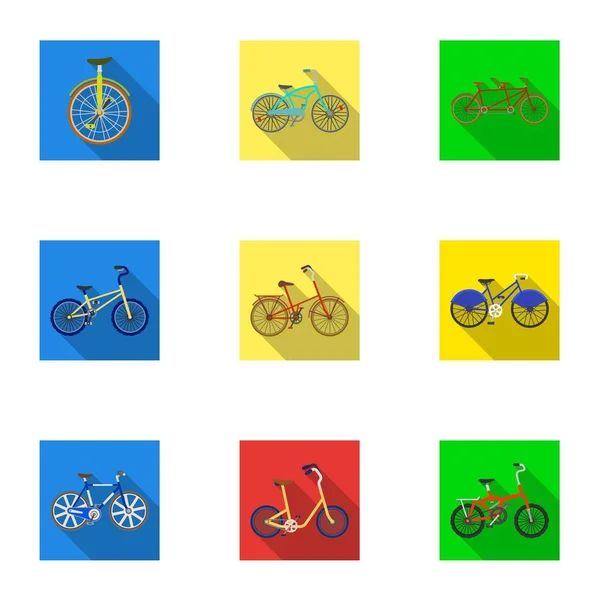 Collezione di biciclette con ruote e telai diversi. Diverse biciclette per lo sport e passeggiate.Diverse icone per biciclette nella collezione di set su stile piatto simbolo vettoriale illustrazione stock . — Vettoriale Stock