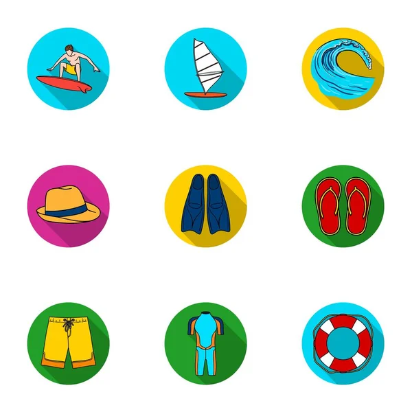 Kolekcja zdjęć na temat plaży, morze, surfing. Ratownicy z plaży. Ikona zestaw kolekcja na płaski wektor symbol ilustracji surfing. — Wektor stockowy