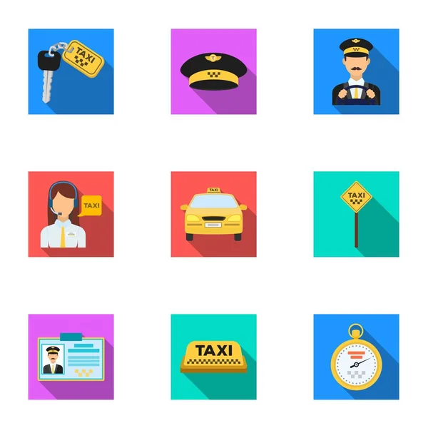 Conjunto de iconos sobre el taxi. Un taxista, estacionamiento. Transporte alrededor de la ciudad. icono de taxi en la colección de conjuntos en el estilo plano vector símbolo stock ilustración . — Vector de stock