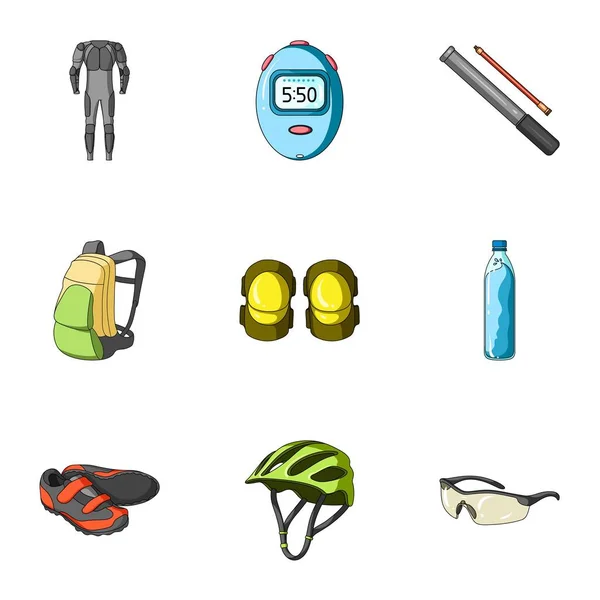 Icons of Cycling, bike. Set for bike, backpack protection, repair, form. Cyclist outfit icon in set collection on cartoon style vector symbol stock illustration. — Stock Vector