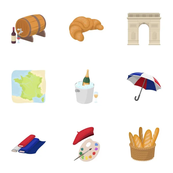 Látnivalók Franciaországban. Dolog, hogy megtudjuk, Franciaország. Franciaország ország icon set gyűjtemény a rajzfilm stílusú vektor szimbólum stock illusztráció. — Stock Vector