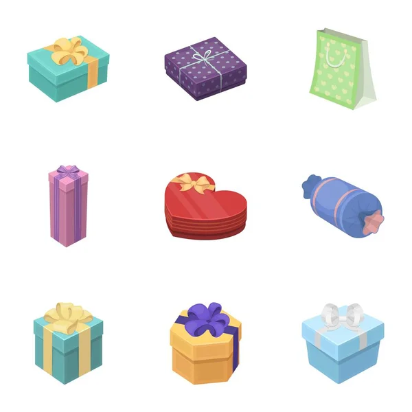 Un ensemble de cadeaux d'images. Cadeaux pour différentes vacances, surprises. Cadeaux et icône cert dans la collection ensemble sur dessin animé style vectoriel symbole illustration stock . — Image vectorielle