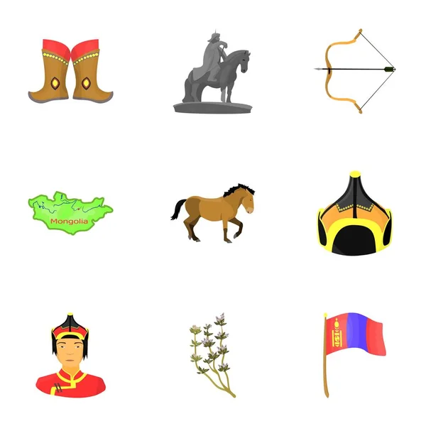 Mongoolse nationale kenmerken. Pictogrammen instellen over Mongolia.Clothing, soldaten, apparatuur. Mongolië-pictogram in de set collectie op cartoon stijl vector symbool stock illustratie. — Stockvector