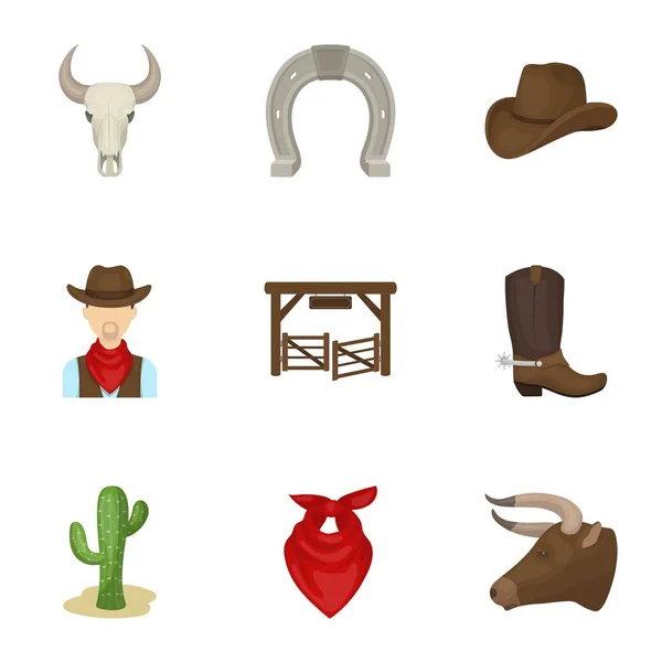 Набор фотографий о ковбоях. Ковбои на ранчо, лошади, оружие, плети. . — стоковый вектор