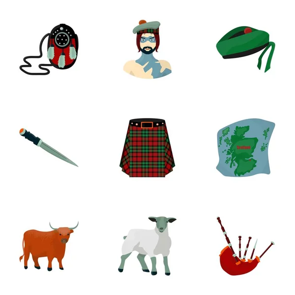 Símbolos nacionales de Escocia. Atracciones escocesas. Escocia icono del país en la colección de conjuntos de dibujos animados estilo vector símbolo stock ilustración . — Vector de stock