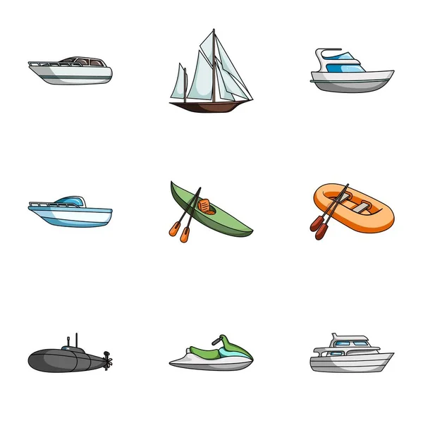 Transporte marítimo, barcos, barcos. Para transportar gente, tormentas eléctricas. Icono de transporte de barcos y agua en la colección de conjuntos en la ilustración de stock de símbolo de vector de estilo de dibujos animados . — Vector de stock