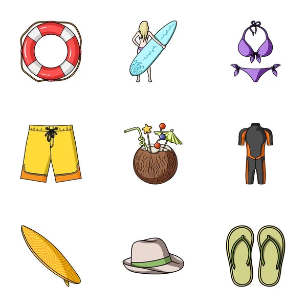 Una colección de imágenes sobre el tema de la playa, el mar, el surf. Rescatadores de la playa.Icono de surf en la colección de conjuntos de dibujos animados estilo vector símbolo stock ilustración . — Vector de stock