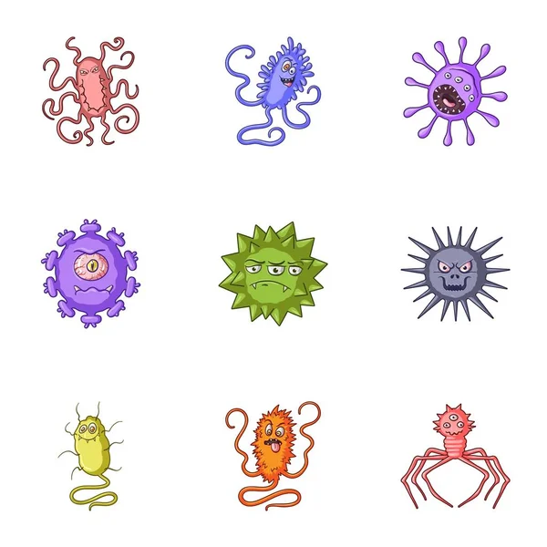 Набор фотографий бактерий и вирусов. Микробы, которые вредны для человека. иконки вирусов и бактерий в коллекции на векторной иллюстрации символов мультфильма . — стоковый вектор