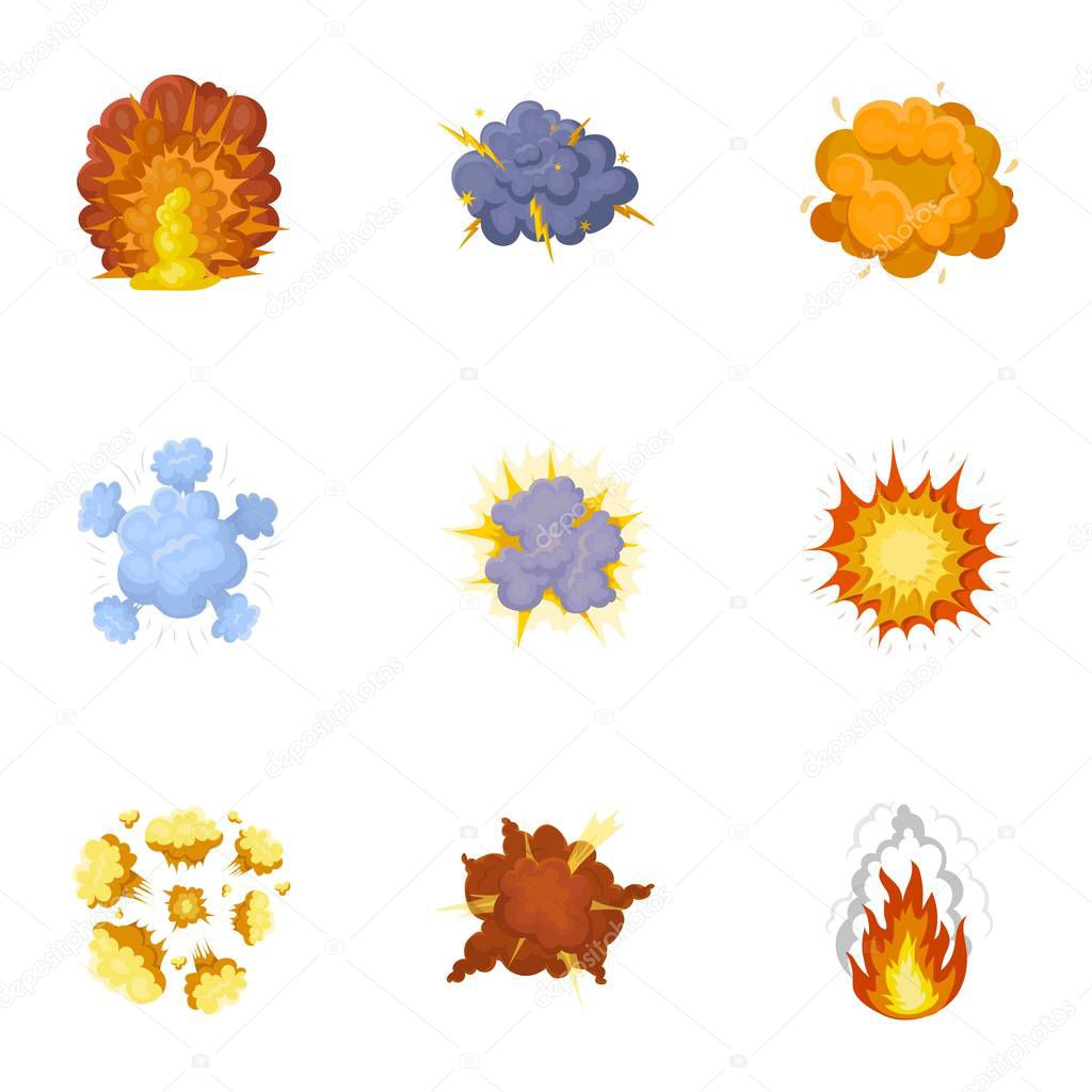 A set of icons about the explosion. Various explosions, a cloud of smoke and fire.Explosions icon in set collection on cartoon style vector symbol stock web illustration.