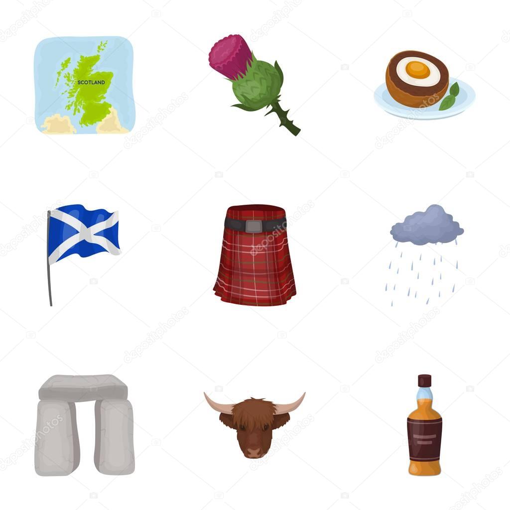 National symbols of Scotland. Scottish attractions. Scotland country icon in set collection on cartoon style vector symbol stock web illustration.