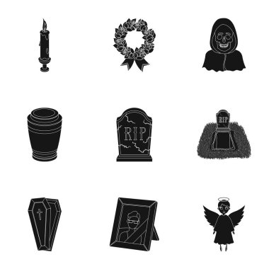 Cenaze töreni, mezarlık, tabut, rahip. Cenaze töreni simge siyah stil vektör simge stok çizim üzerinde set koleksiyonu.