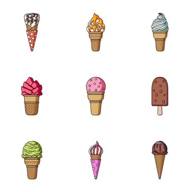 Yaz tatlılar dondurma. Buz, meyve, süt. Buz creamicon karikatür tarzı vektör simge stok çizim üzerinde set koleksiyonu.