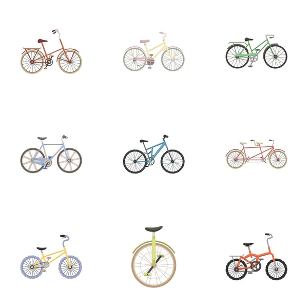 Sammlung von Fahrrädern mit verschiedenen Rädern und Rahmen. verschiedene Fahrräder für Sport und Spaziergänge. Verschiedenes Fahrrad-Symbol in Set-Kollektion auf Cartoon-Stil Vektor-Symbol Stock Illustration. — Stockvektor