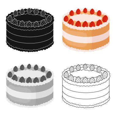 Çilekli pasta simgesi beyaz arka plan üzerinde izole karikatür tarzı. Kek sembol stok vektör çizim.