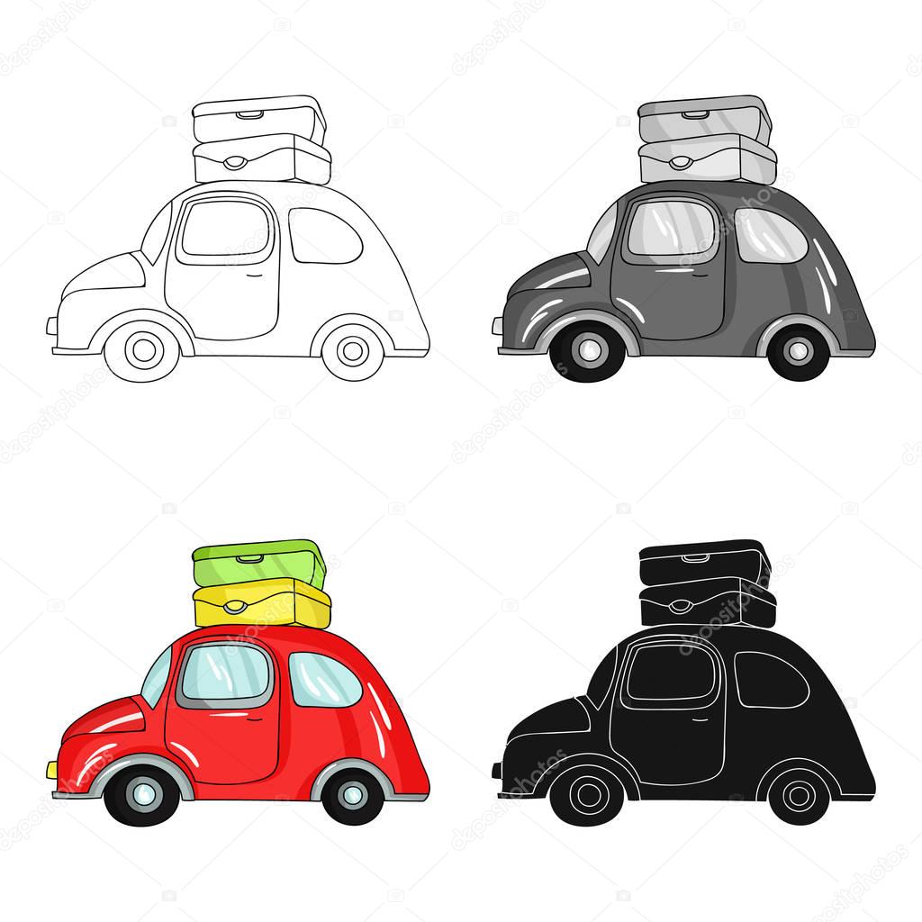 Red car with a luggage on the roof icon in cartoon style isolated on white background. Family holiday symbol stock vector illustration.