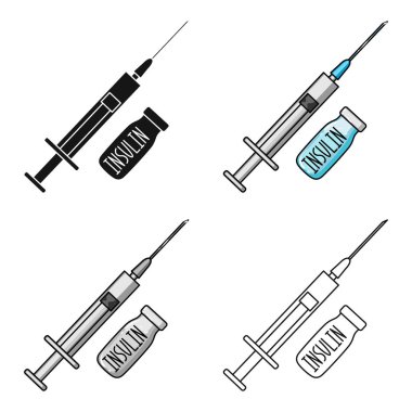 Şırınga ve insülin şişe. Diyabet tedavi için ilaç. Resimde çizgi film tarzı vektör simge stok diyabet tek simge.