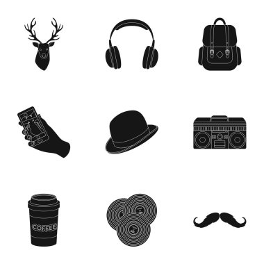 Simgeleri bir hippi tarzı hakkında bir dizi. Bir tuhaf gençlik stili. Hipster Stil simge siyah stil vektör simge stok çizim üzerinde küme koleksiyon içinde.