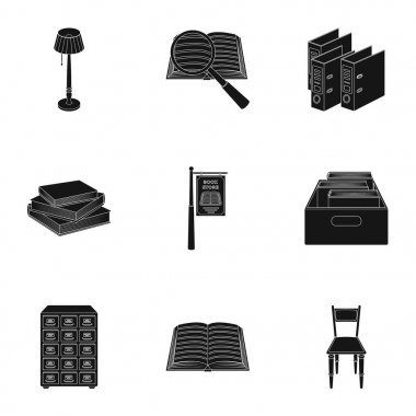 Kitaplarla simgeler kümesi. Kütüphane, okuma, kitapçı Seth. Kütüphane ve kitabevi simge siyah stil vektör simge stok çizim üzerinde küme koleksiyon içinde.