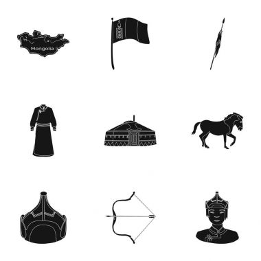 Moğol Ulusal özellikleri. Icons set Mongolia.Clothing, askerler, ekipman hakkında. Moğolistan simge siyah stil vektör simge stok çizim üzerinde set koleksiyonu.
