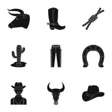 Kovboy resimleri kümesi. Kovboyların ranch, atları, silahları, kamçı. Rodeo simge siyah stil vektör simge stok çizim üzerinde set koleksiyonu.