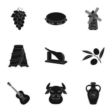 İspanya resimleri bir set. İspanya, Çingeneler, gitar, dansları görülecek. İspanya ülke simge siyah stil vektör simge stok çizim üzerinde set koleksiyonu.
