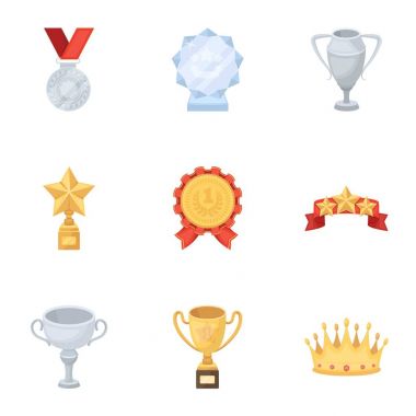Ödülleri, altın madalya ve kupaları yarışmalar ve yarışmalarda ödül olarak. Karikatür tarzı vektör simge stok çizim üzerinde küme koleksiyon kupalar ve ödüller simgesini.