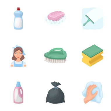 Temizleme, yıkama ve her şey onunla bağlantılı. Temizlik için simgeler kümesi. Karikatür tarzı vektör simge stok çizim üzerinde küme koleksiyon temizlik ve hizmetçi simgesini.