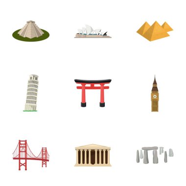 Dünya ülkelerinin görülecek. Ünlü binalar ve anıtlar, farklı ülkeler ve şehirler. Karikatür tarzı vektör simge stok çizim üzerinde küme koleksiyon simgesinde ülkeler.