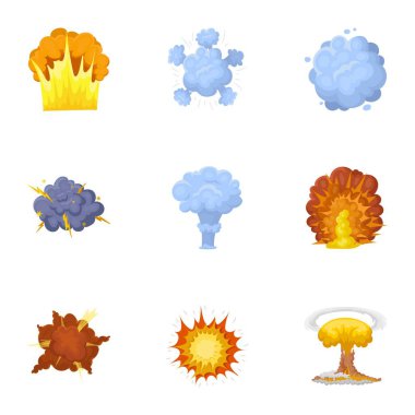 Simgeleri patlama hakkında bir dizi. Çeşitli patlamalar, duman ve ateş bulutu. Karikatür tarzı vektör simge stok çizim üzerinde küme koleksiyon simgesinde patlamalar.