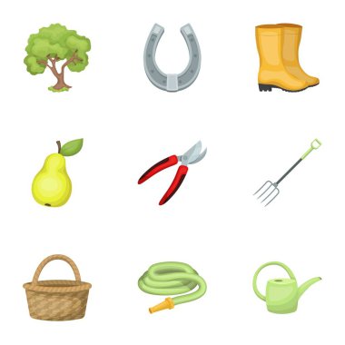 Resimleri Bahçe hakkında set. Köy, sebze Bahçe, Bahçe, ekoloji. Çiftlik ve Bahçe kutsal kişilerin resmi karikatür tarzı üzerinde küme koleksiyon içinde sembol stok illüstrasyon vektör.