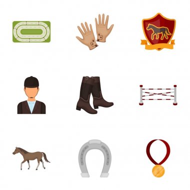 Yarışları at sırtında, Hipodrom. Yarış ve biniciler teçhiz at. Karikatür tarzı vektör simge stok çizim üzerinde küme koleksiyon Hipodrom ve at simgesini.