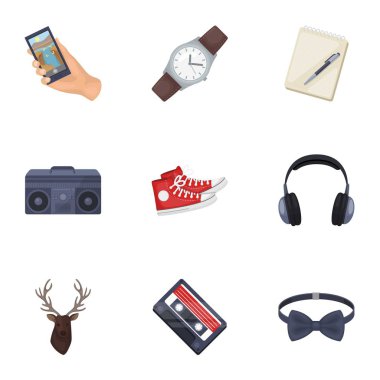 Simgeleri bir hippi tarzı hakkında bir dizi. Bir tuhaf gençlik stili. Hipster stil ikonu karikatür tarzı vektör simge stok çizim üzerinde set koleksiyonu.