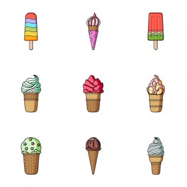 Yaz tatlılar dondurma. Buz, meyve, süt. Buz creamicon karikatür tarzı vektör simge stok çizim üzerinde set koleksiyonu.