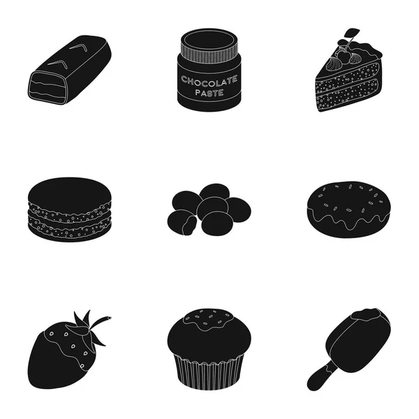 Eine Reihe von Schokoladenbonbons. Schokoladenprodukte für Menschen. Schokolade Desserts Symbol in Set Sammlung auf schwarzen Stil Vektor Symbol Stock Illustration. — Stockvektor