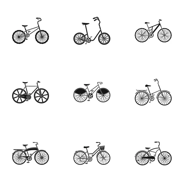 Sammlung von Fahrrädern mit verschiedenen Rädern und Rahmen. verschiedene Fahrräder für Sport und Spaziergänge. Verschiedenes Fahrrad-Symbol in Set-Kollektion auf schwarzem Vektor-Symbol. — Stockvektor