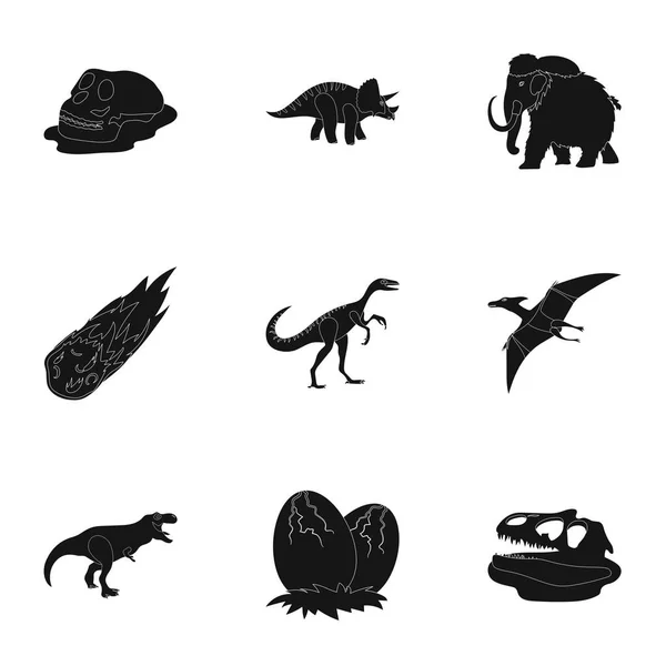Starověké vyhynulých zvířat a jejich stopy a zbytky. Dinosauři, paleontologie, pnictosaurs. Dinisaurs a v nastavit kolekci na černém stylu pravěkých ikonu vektorové ilustrace burzovní symbol. — Stockový vektor